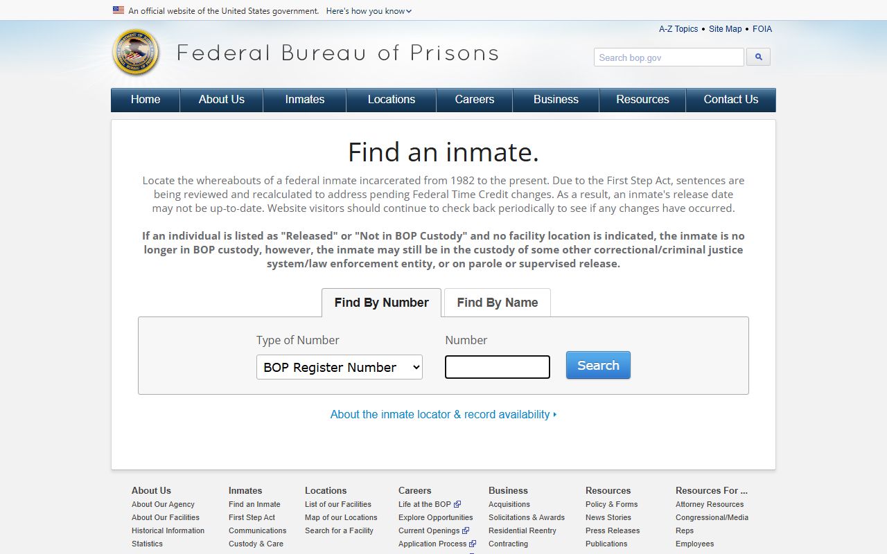 BOP Inmate Locator search form used to look up federal inmates including those at Federal Correctional Institution Miami in Miami-Dade County