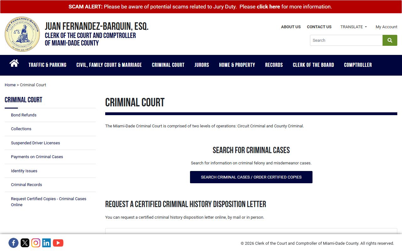 Miami-Dade County Clerk criminal court page showing felony bond hearings and PTDC video transmission details