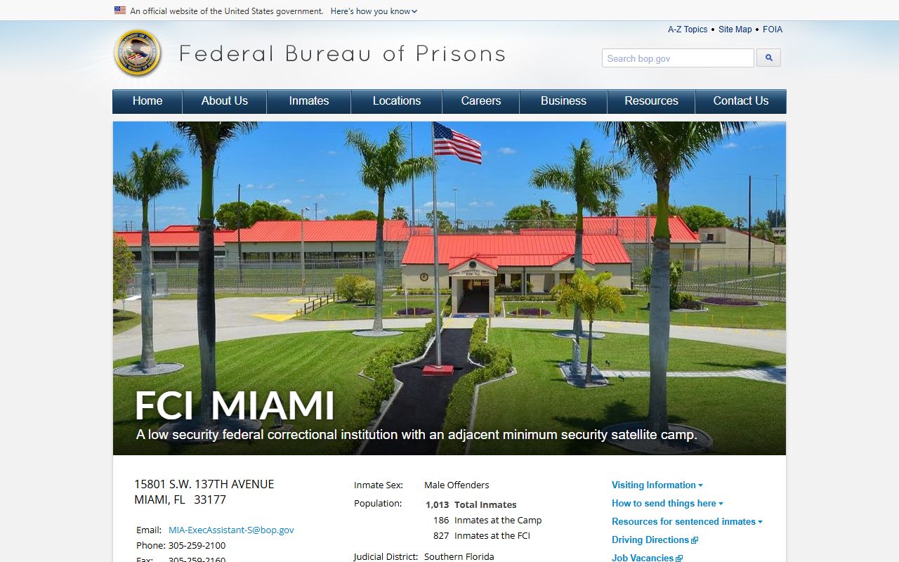 Federal Correctional Institution Miami BOP facility page showing federal inmate population details for Miami-Dade County