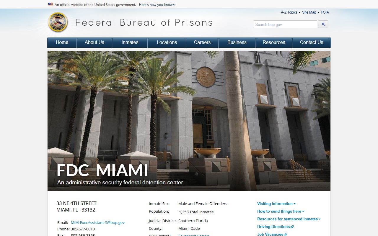 Federal Detention Center Miami BOP facility page showing federal detainee and inmate population data for Miami-Dade County