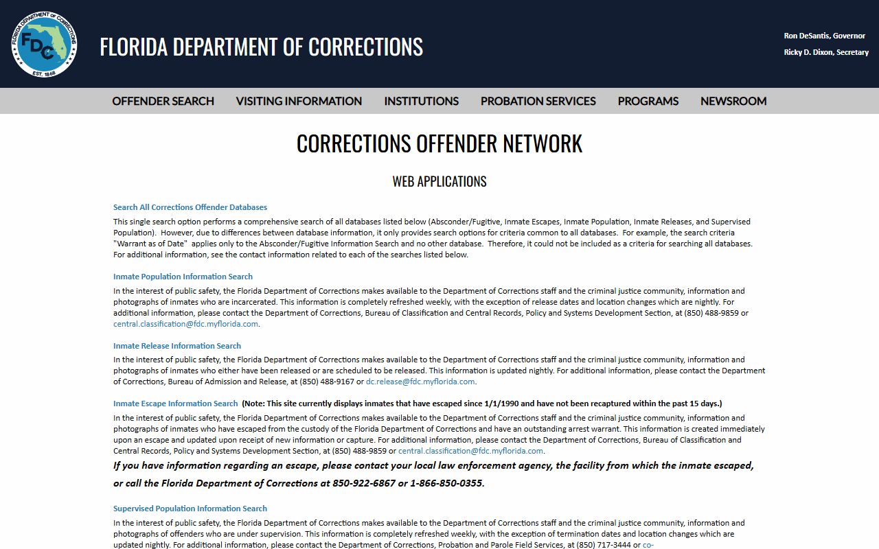 Florida DOC offender search menu used to look up Miami-Dade County inmates moved to state prison