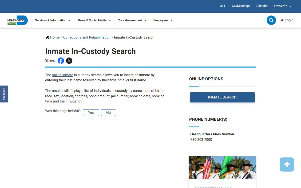 Miami-Dade County inmate record fields shown on the in-custody service page