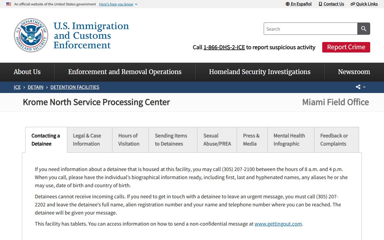 Krome North Service Processing Center ICE facility page showing immigration detainee location and contact information for Miami-Dade County
