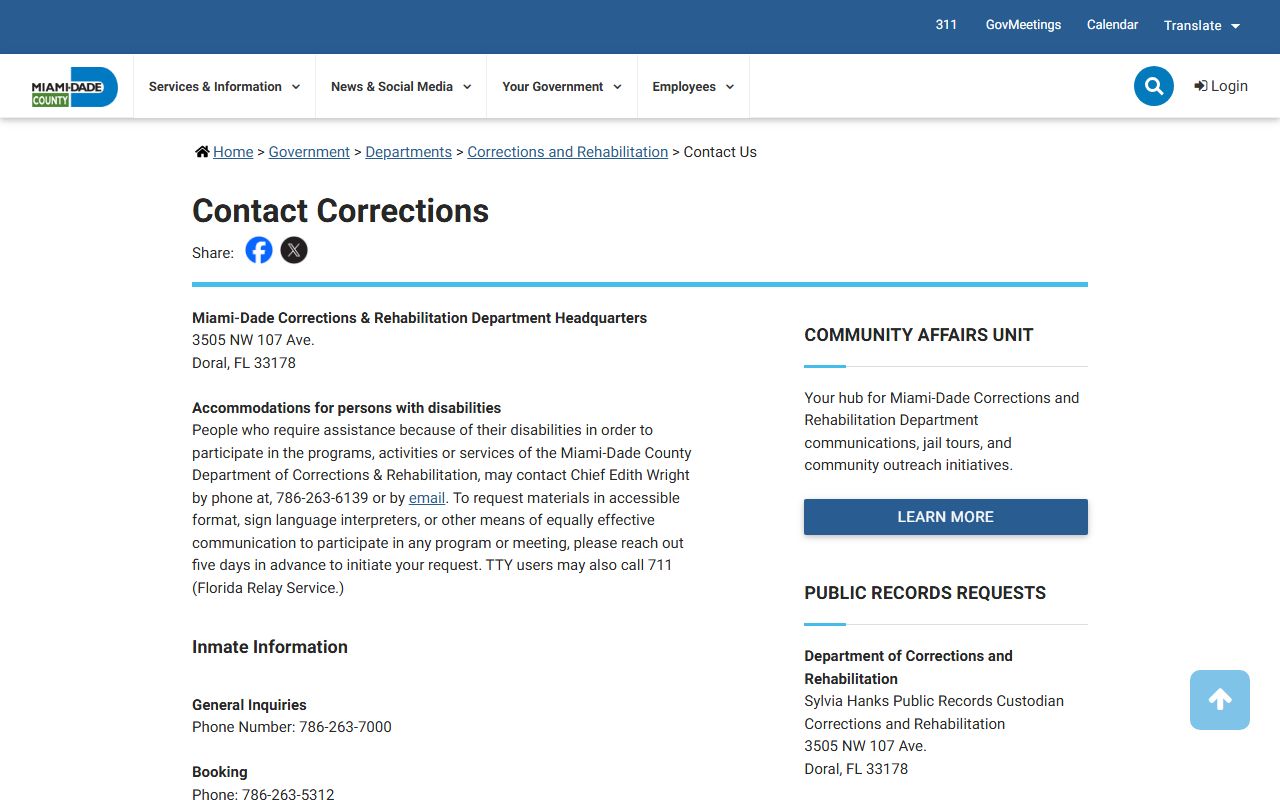 Miami-Dade County MDCR contact page with jail and inmate records phone numbers