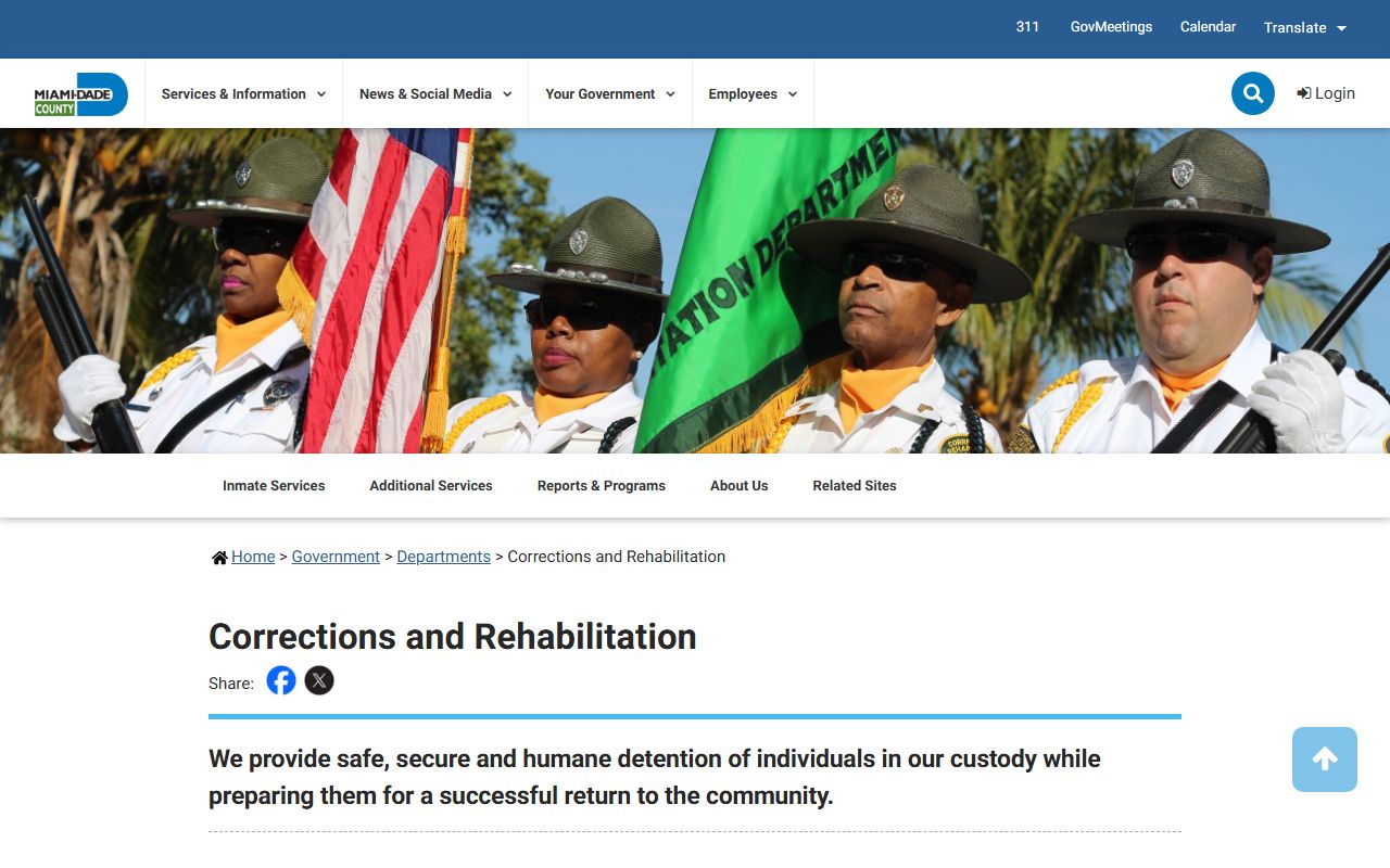 Miami-Dade County MDCR homepage linking the inmate population reports and jail roster search