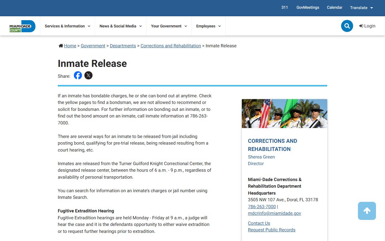 Miami-Dade County MDCR inmate release page covering Turner Guilford Knight Correctional Center property and release records