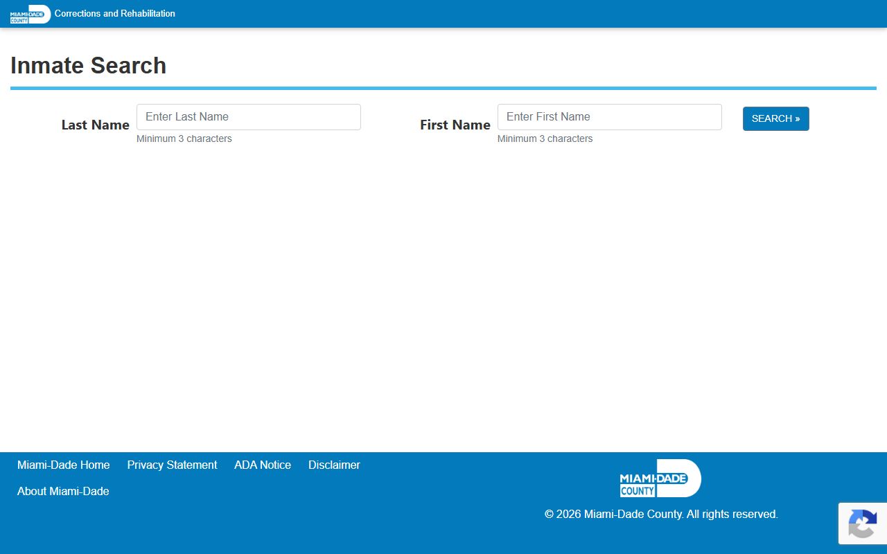 Miami-Dade County MDCR inmate search form for the jail roster and inmate population lookup