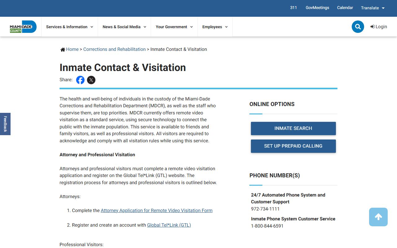 Miami-Dade County MDCR visitation, mail, phone, and eMessaging information page for county jail facilities including Pre-Trial Detention Center