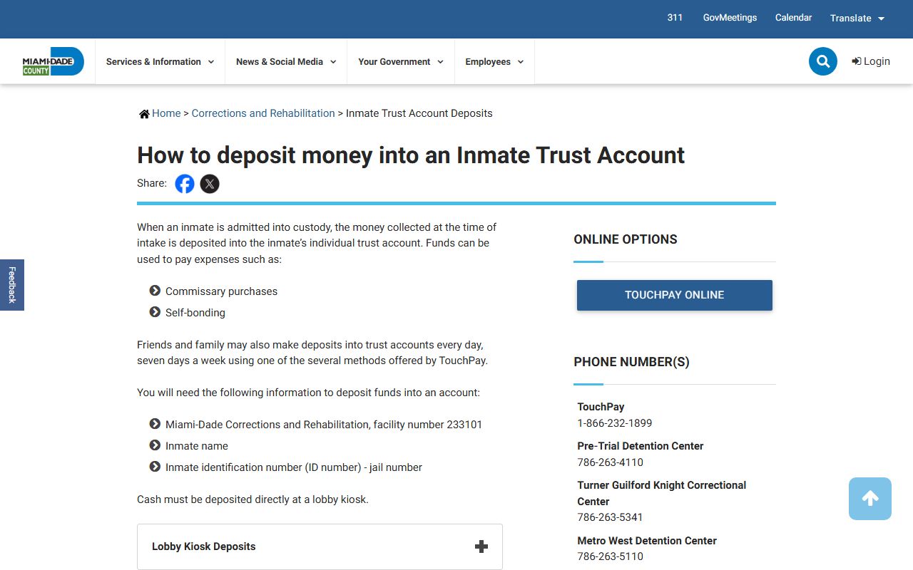 Miami-Dade County MDCR TouchPay trust deposits page covering Metro West Detention Center inmate account records